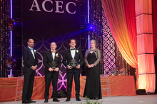 Pictured from left to right: Manish Kothari, ACEC Chairman Elect; Cris Copley, HFDP, LEED AP (BR+A); Travis Wanat (MIT)